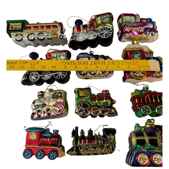 Glass Train Railroad Ornaments Set Of 12 Multicolor Hand-Painted Holiday Decor V - Picture 3 of 10